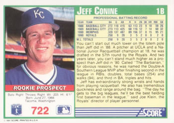 1991 Score #722 Jeff Conine Back