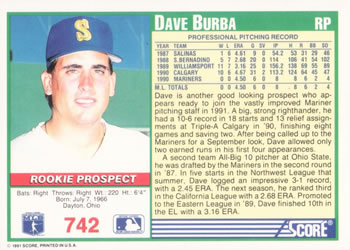 1991 Score #742 Dave Burba Back