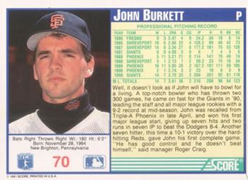 1991 Score #70 John Burkett Back