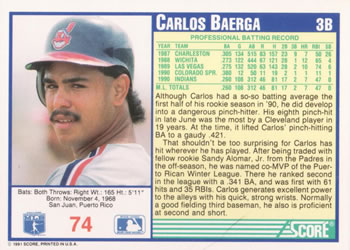 1991 Score #74 Carlos Baerga Back