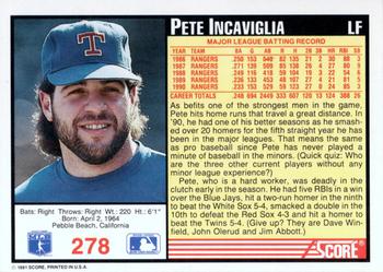 1991 Score #278 Pete Incaviglia Back