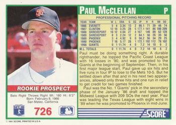 1991 Score #726 Paul McClellan Back