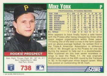 1991 Score #738 Mike York Back