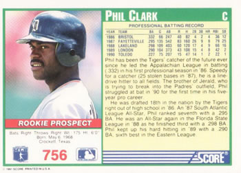 1991 Score #756 Phil Clark Back