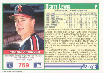 1991 Score #759 Scott Lewis Back