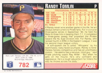 1991 Score #782 Randy Tomlin Back