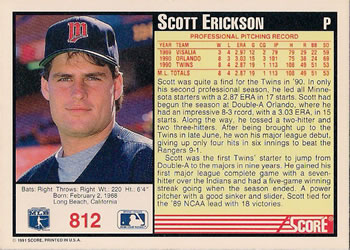 1991 Score #812 Scott Erickson Back