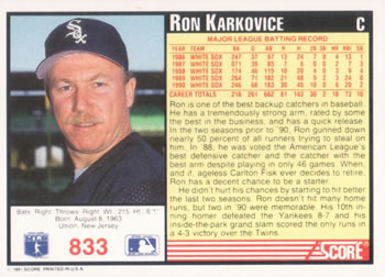 1991 Score #833 Ron Karkovice Back