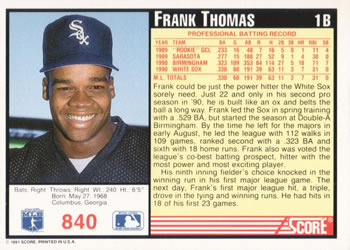 1991 Score #840 Frank Thomas Back