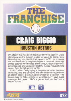 1991 Score #872 Craig Biggio Back
