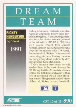 1991 Score #890 Rickey Henderson Back