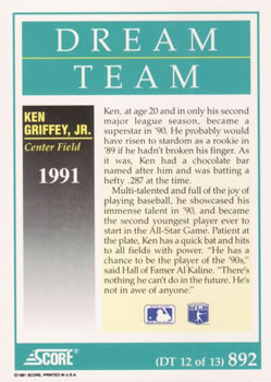 1991 Score #892 Ken Griffey, Jr. Back
