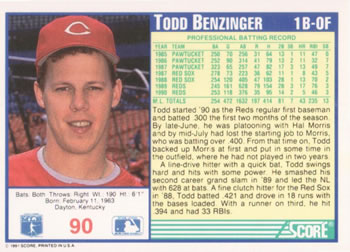 1991 Score #90 Todd Benzinger Back