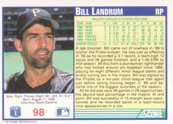 1991 Score #98 Bill Landrum Back