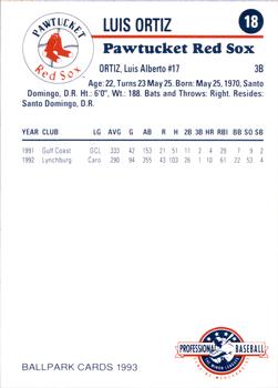 1993 Ballpark Cards Pawtucket Red Sox #18 Luis Ortiz Back