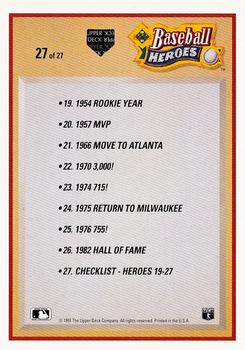 1991 Upper Deck - Baseball Heroes: Hank Aaron #27 Hank Aaron Back