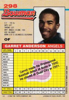 1992 Bowman #298 Garret Anderson Back
