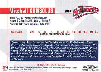 2015 Grandstand Lowell Spinners #NNO Mitchell Gunsolus Back