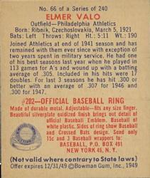 1949 Bowman #66 Elmer Valo Back