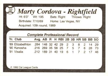 1992 Cal League All-Stars #32 Marty Cordova Back