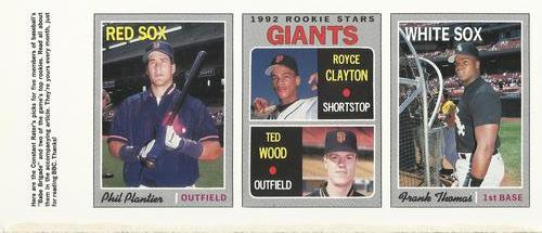 1992 Baseball Cards Magazine '70 Topps Replicas - Panels #19-21 Phil Plantier / Royce Clayton / Ted Wood / Frank Thomas Front