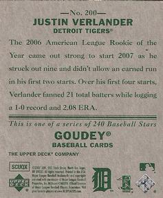 2007 Upper Deck Goudey #200 Justin Verlander Back