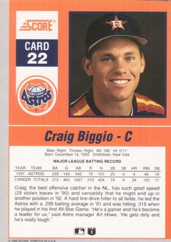1992 Score - 90's Impact Players #22 Craig Biggio Back