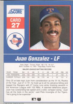 1992 Score - 90's Impact Players #27 Juan Gonzalez Back
