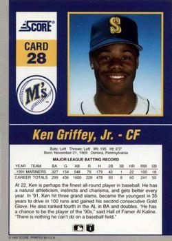 1992 Score - 90's Impact Players #28 Ken Griffey Jr. Back