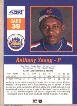 1992 Score - 90's Impact Players #39 Anthony Young Back