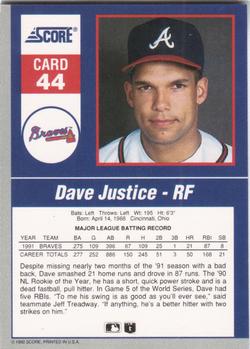1992 Score - 90's Impact Players #44 Dave Justice Back