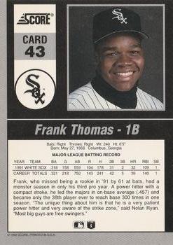 1992 Score - 90's Impact Players #43 Frank Thomas Back