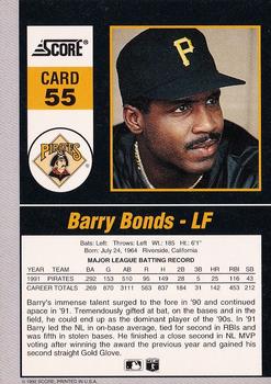 1992 Score - 90's Impact Players #55 Barry Bonds Back