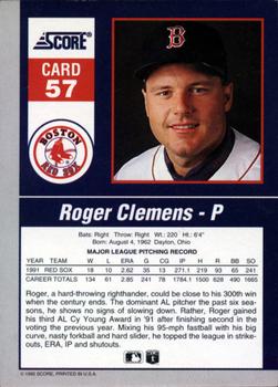 1992 Score - 90's Impact Players #57 Roger Clemens Back