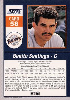 1992 Score - 90's Impact Players #58 Benito Santiago Back