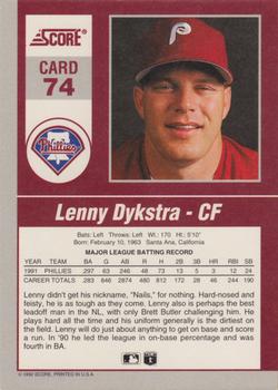 1992 Score - 90's Impact Players #74 Lenny Dykstra Back