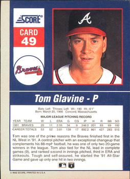 1992 Score - 90's Impact Players #49 Tom Glavine Back