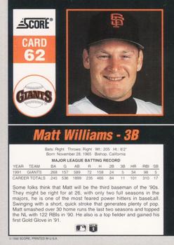 1992 Score - 90's Impact Players #62 Matt Williams Back