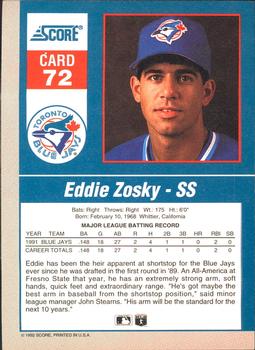 1992 Score - 90's Impact Players #72 Eddie Zosky Back