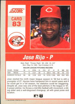 1992 Score - 90's Impact Players #83 Jose Rijo Back