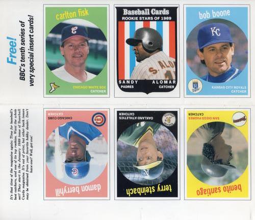1989 Baseball Cards Magazine '59 Topps Replicas - Full Panel #55-60 Damon Berryhill / Carlton Fisk / Terry Steinbach / Sandy Alomar Jr. / Benito Santiago / Bob Boone Front