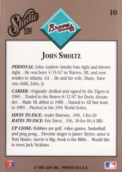 1992 Studio #10 John Smoltz Back