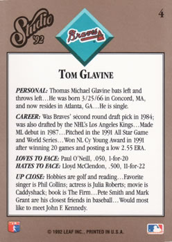 1992 Studio #4 Tom Glavine Back