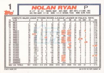 1992 Topps #1 Nolan Ryan Back