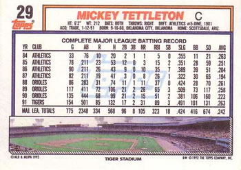 1992 Topps #29 Mickey Tettleton Back