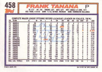 1992 Topps #458 Frank Tanana Back