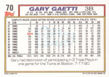 1992 Topps #70 Gary Gaetti Back