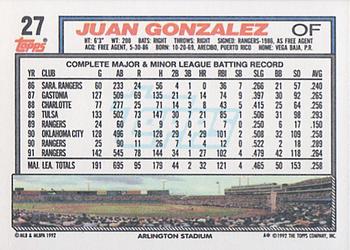 1992 Topps #27 Juan Gonzalez Back