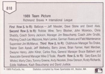 1989 ProCards Triple A #818 Richmond Braves Team Picture Back