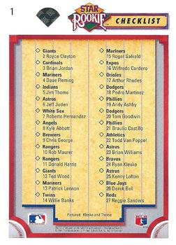 1992 Upper Deck #1 Star Rookie Checklist (Ryan Klesko / Jim Thome) Back